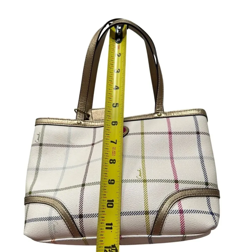 Coach Peyton Small Tattersall Plaid Tote Coated Canvas Leather Trim F48586